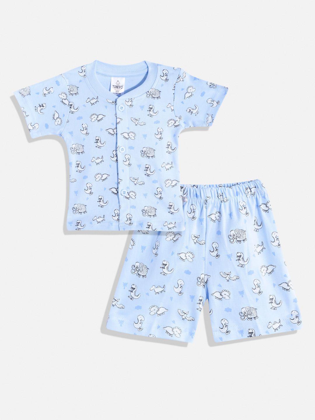 tinyo infant kids blue & white printed pure cotton t-shirt with shorts