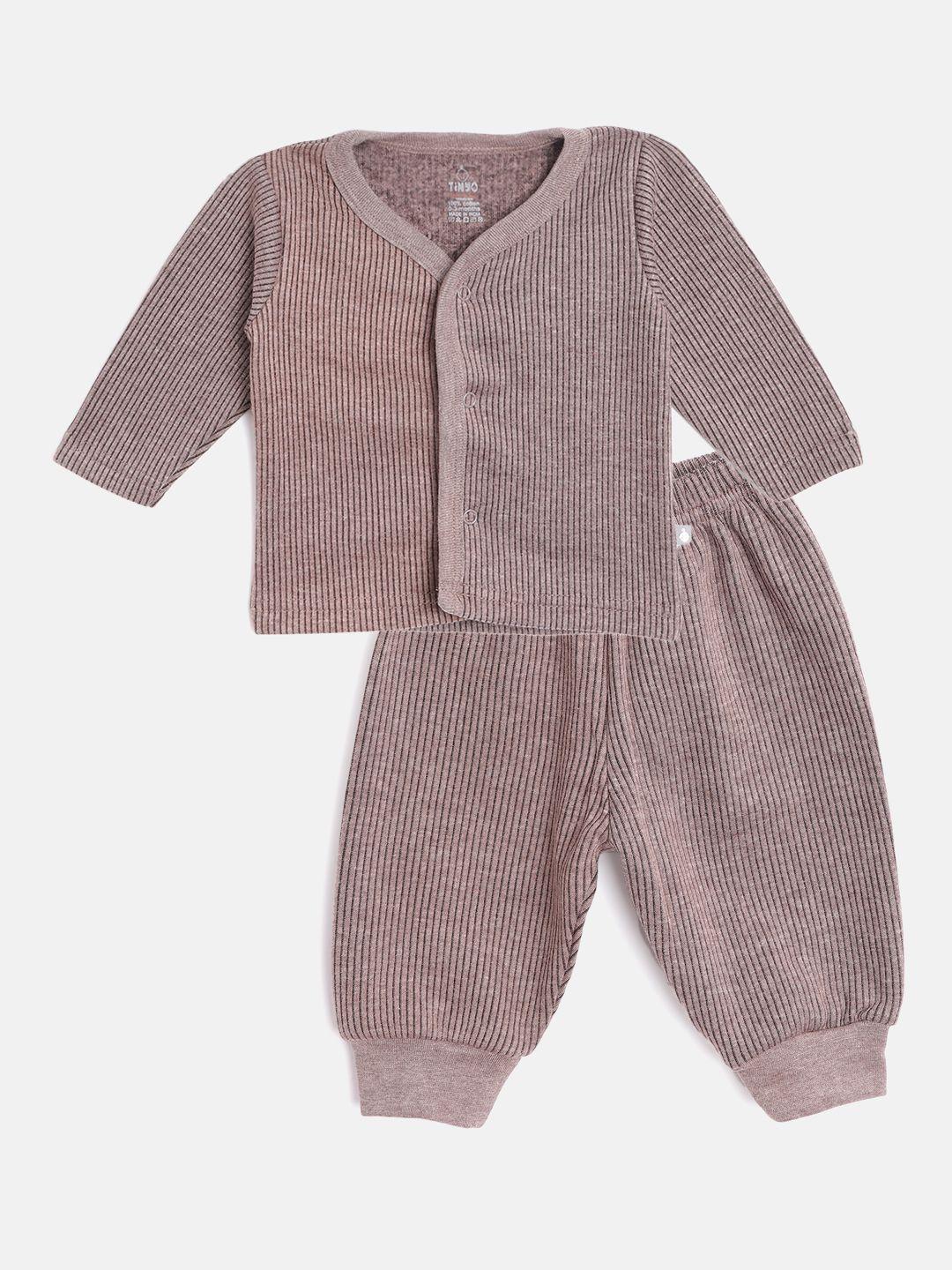 tinyo infant kids brown pure cotton self-striped thermal set