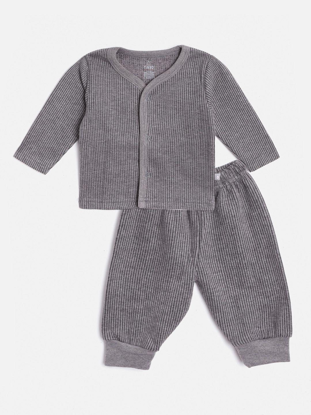 tinyo infant kids charcoal grey pure cotton self-striped thermal set