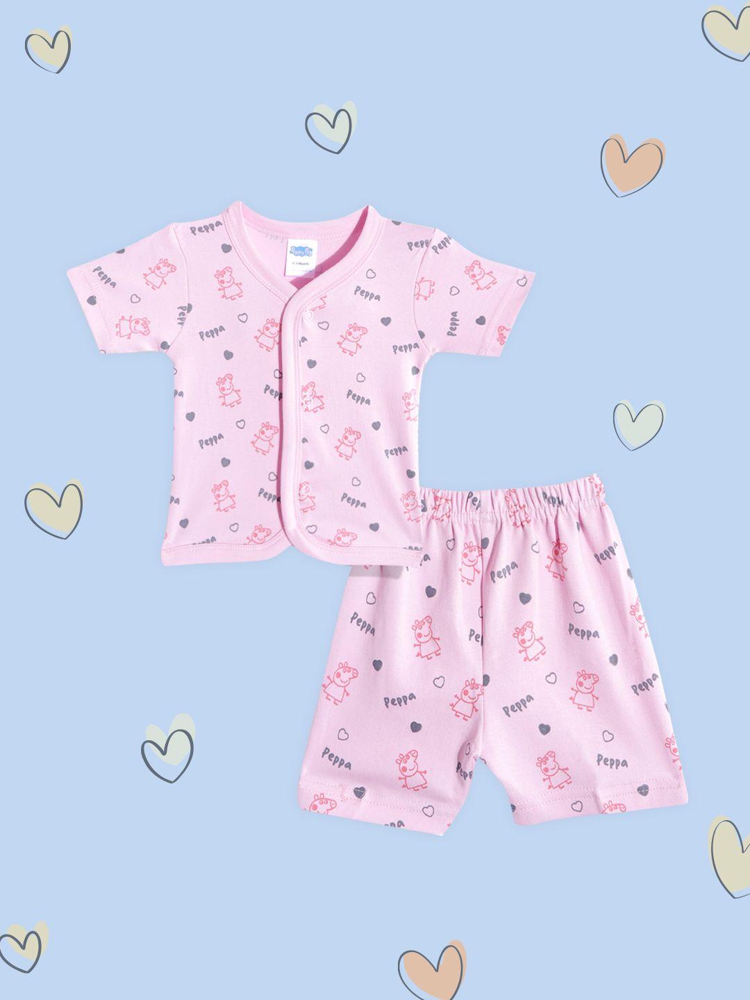 tinyo infant kids pink & grey printed pure cotton jhabla with shorts