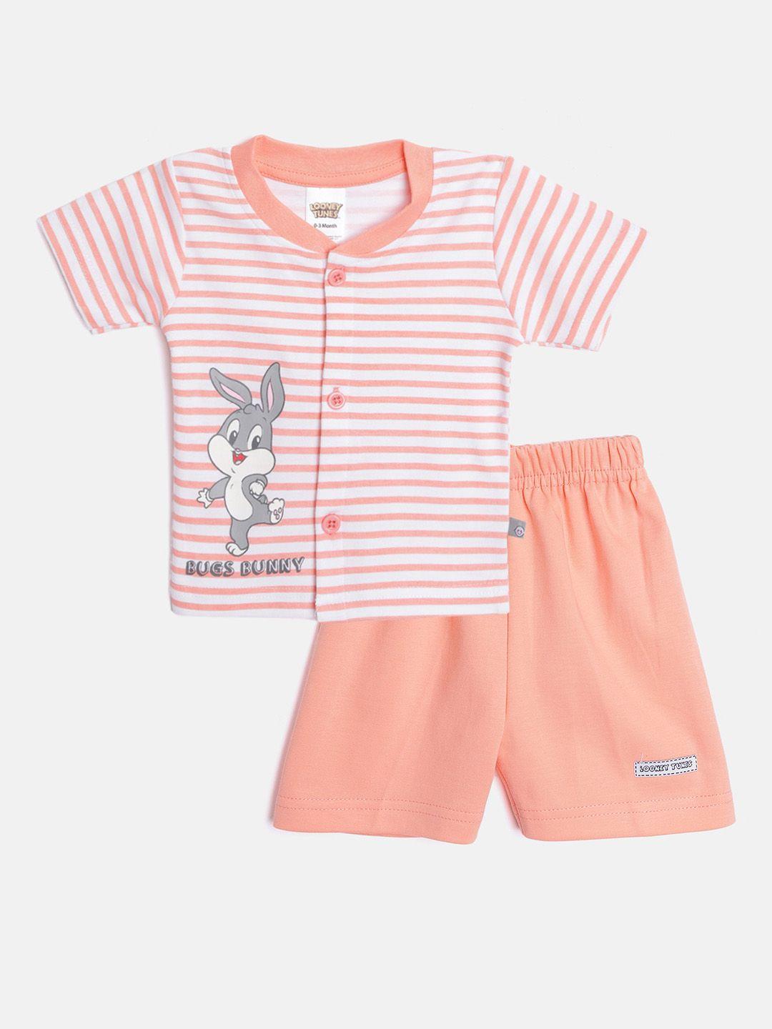 tinyo infant white & peach-coloured striped & bugs bunny print cotton clothing set