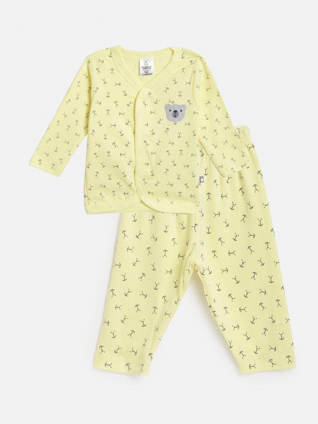tinyo infant yellow & charcoal grey anchor print cotton jhabla with pyjamas