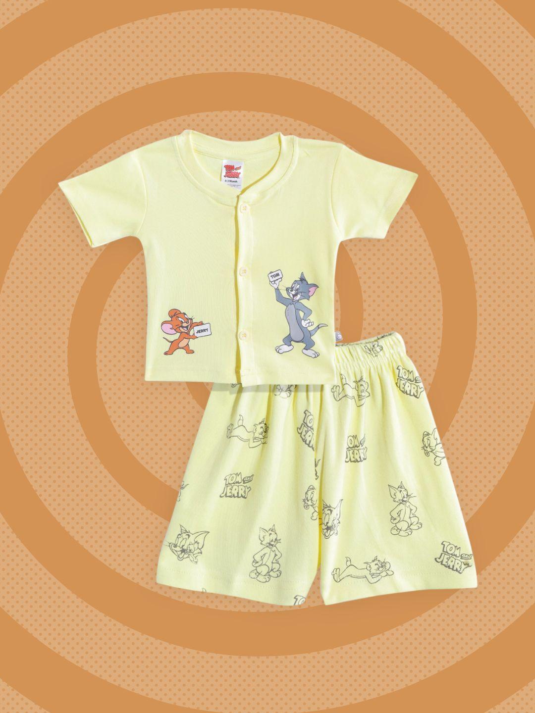 tinyo infants yellow & grey tom & jerry printed cotton jhabla with shorts