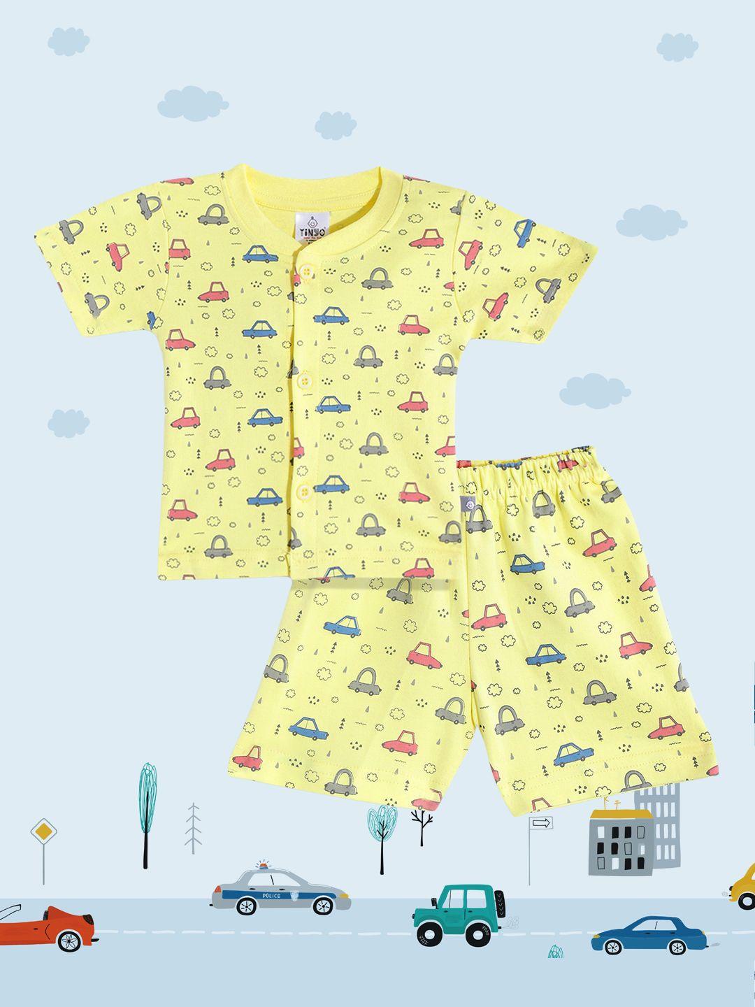 tinyo kids yellow & red pure cotton car print t-shirt with shorts
