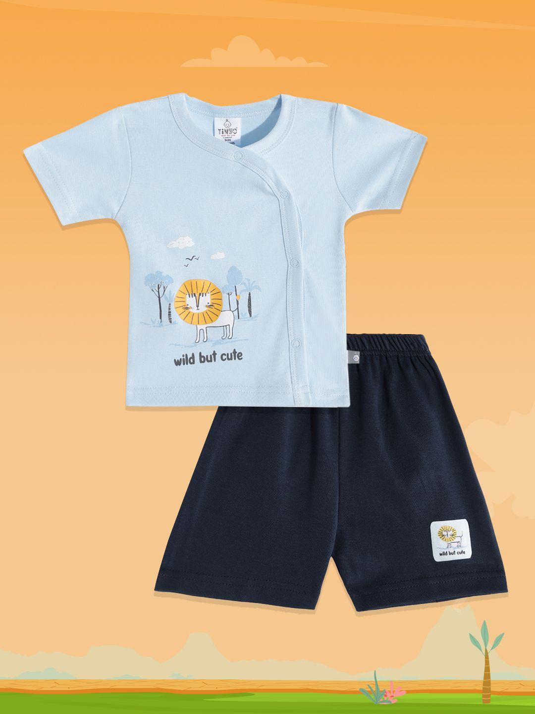tinyo unisex kids blue & mustard yellow pure cotton graphic print t-shirt with shorts