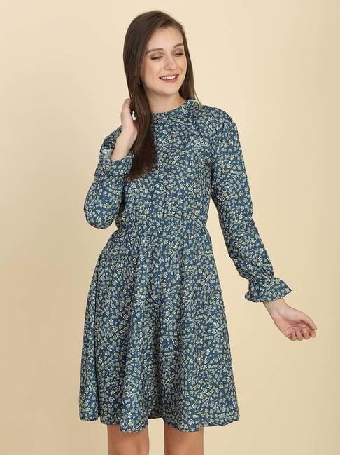 tior blue floral print fit & flare dress