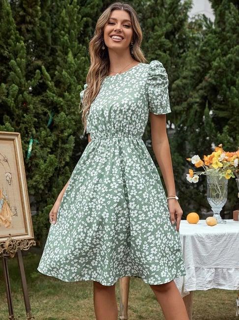 tior pista green floral print fit & flare dress