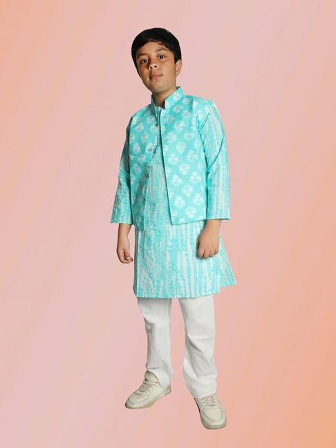 tippy top kids turquoise & white floral print full sleeves kurta, pyjamas with jacket