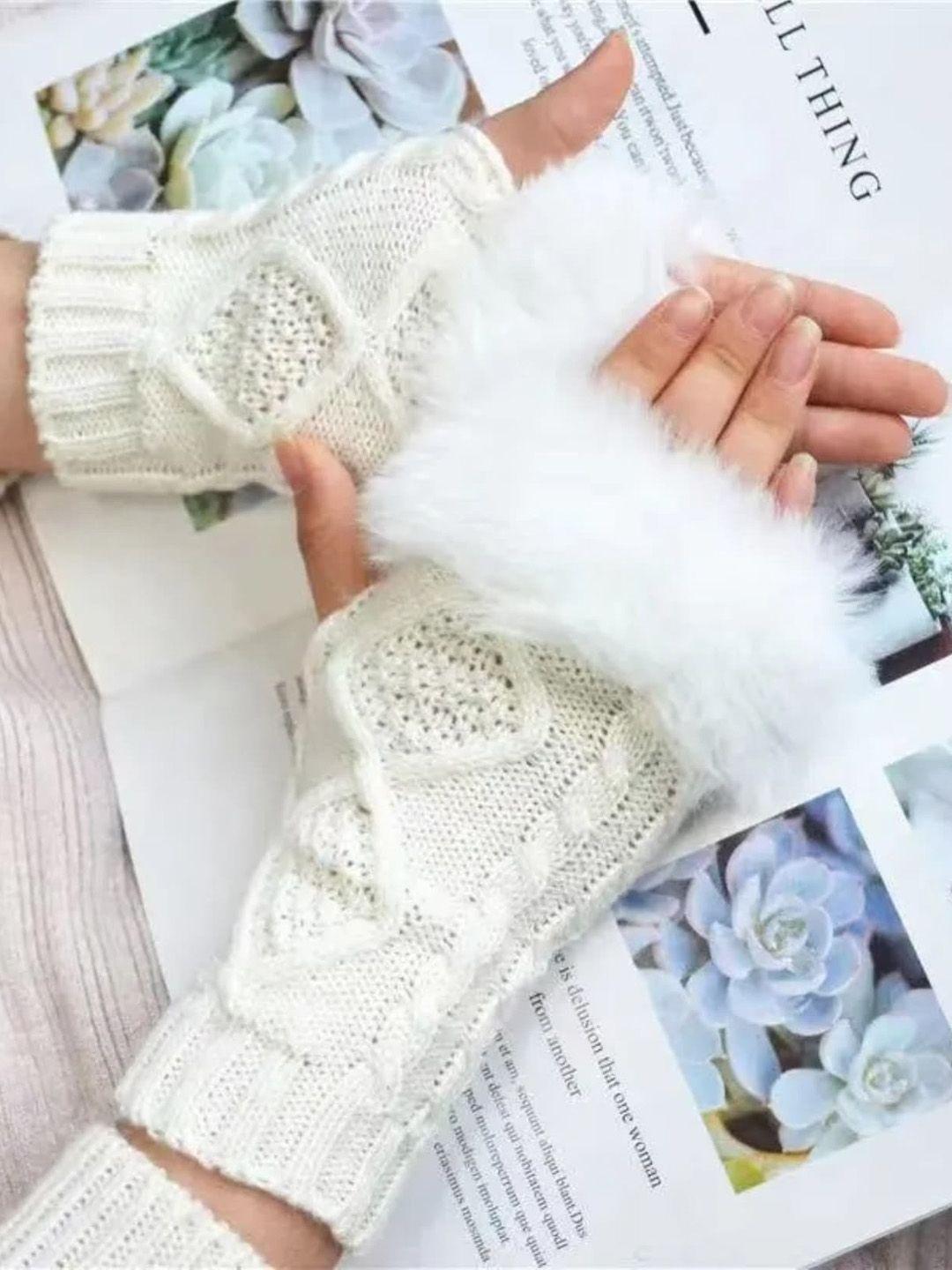 tipy tipy tap girls self-design fingerless woolen fur winter gloves
