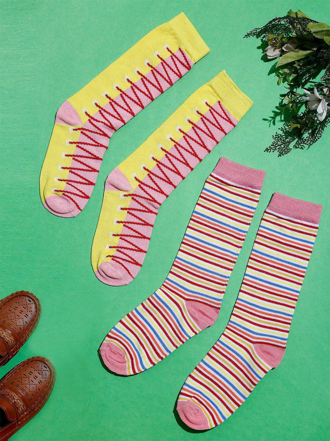 tipy tipy tap girls pack of 2 pink & yellow striped calf-length cotton socks