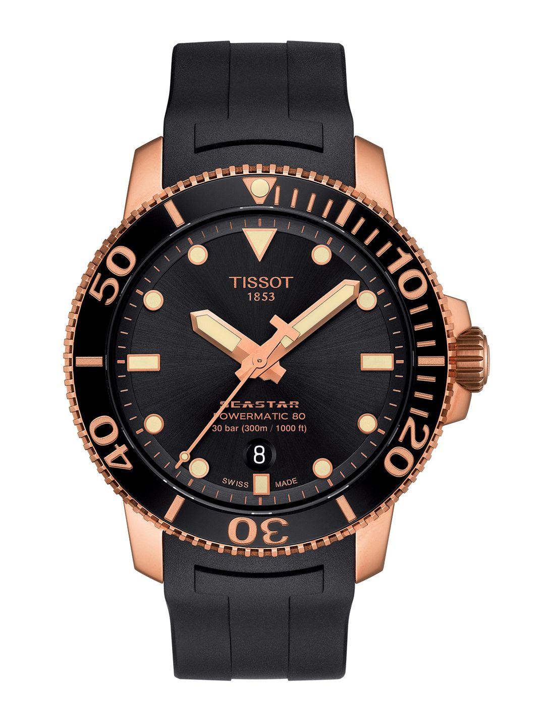 tissot men black embellished dial & black straps motion powered watch t1204073705101