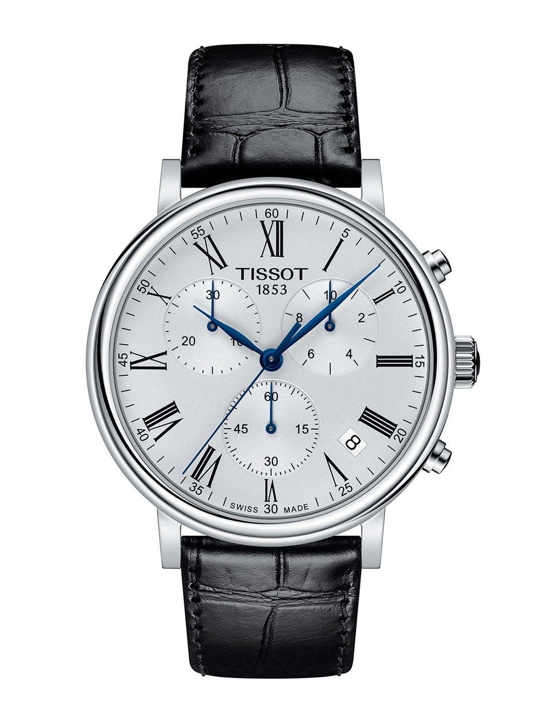 tissot men silver-toned dial & black leather straps analogue watch t1224171603300