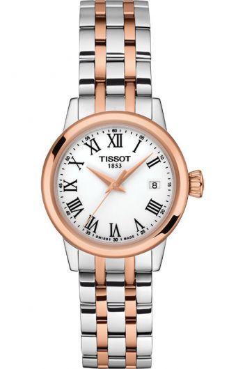 tissot t-classic white dial quartz watch with steel & rose gold pvd bracelet for women - t129.210.22.013.00