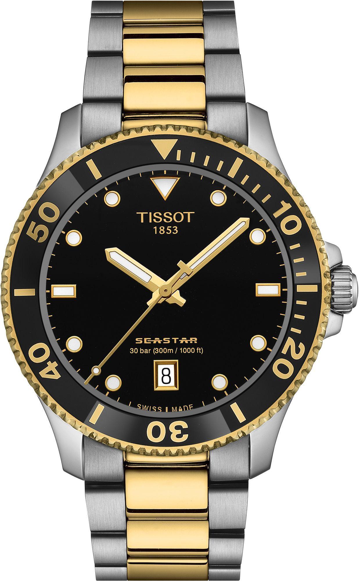 tissot t-sport black dial quartz watch with steel & yellow gold pvd bracelet for men - t120.410.22.051.00