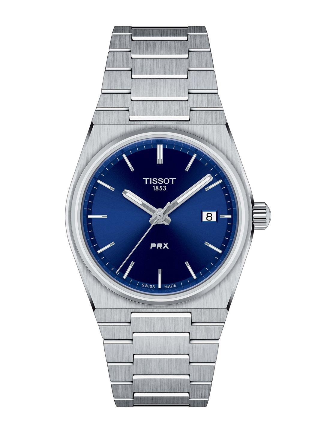 tissot unisex blue dial & silver toned stainless steel bracelet style straps analogue watch
