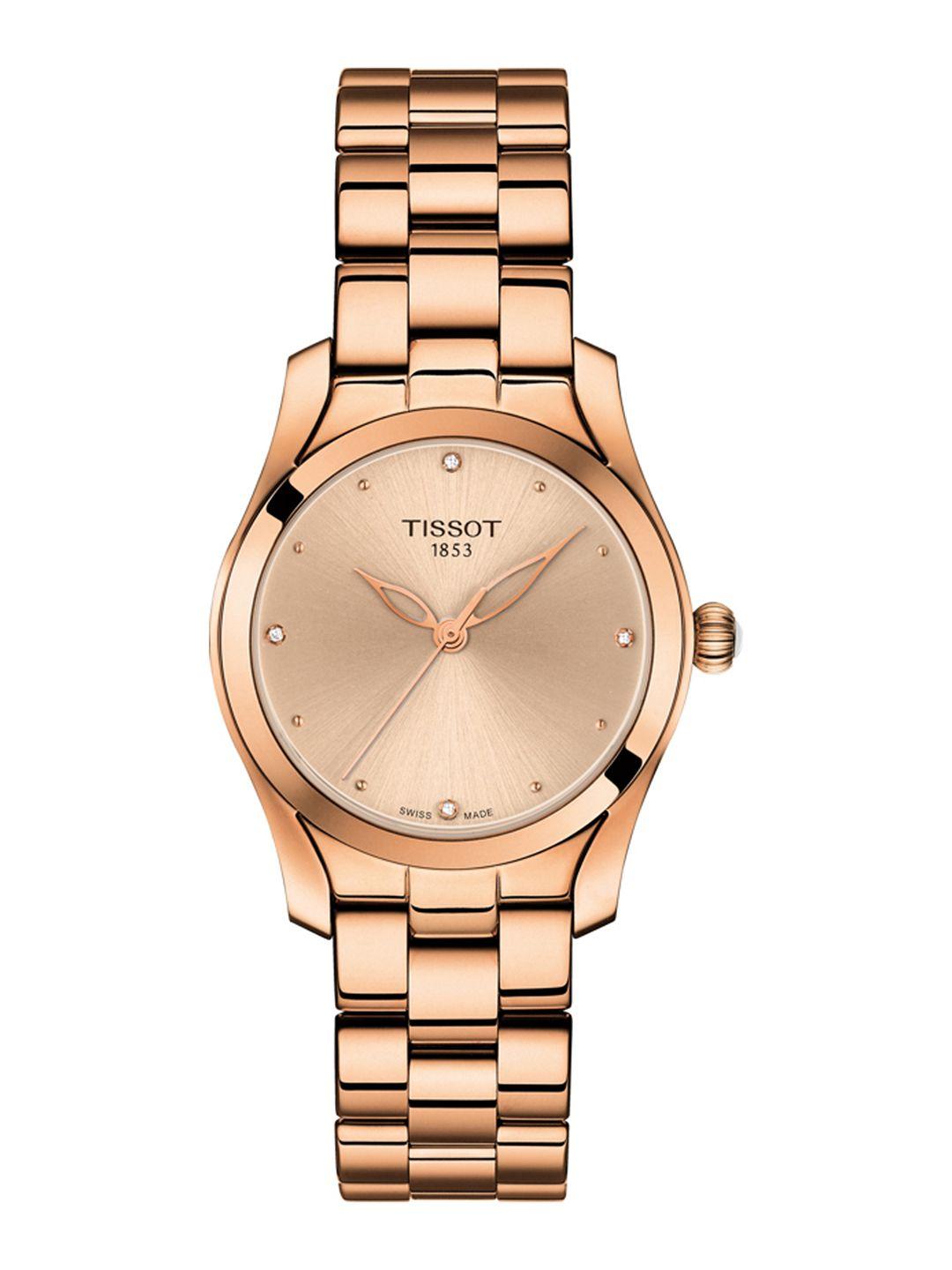 tissot women rose gold-toned t-wave swiss diamond studded analogue watch t1122103345600