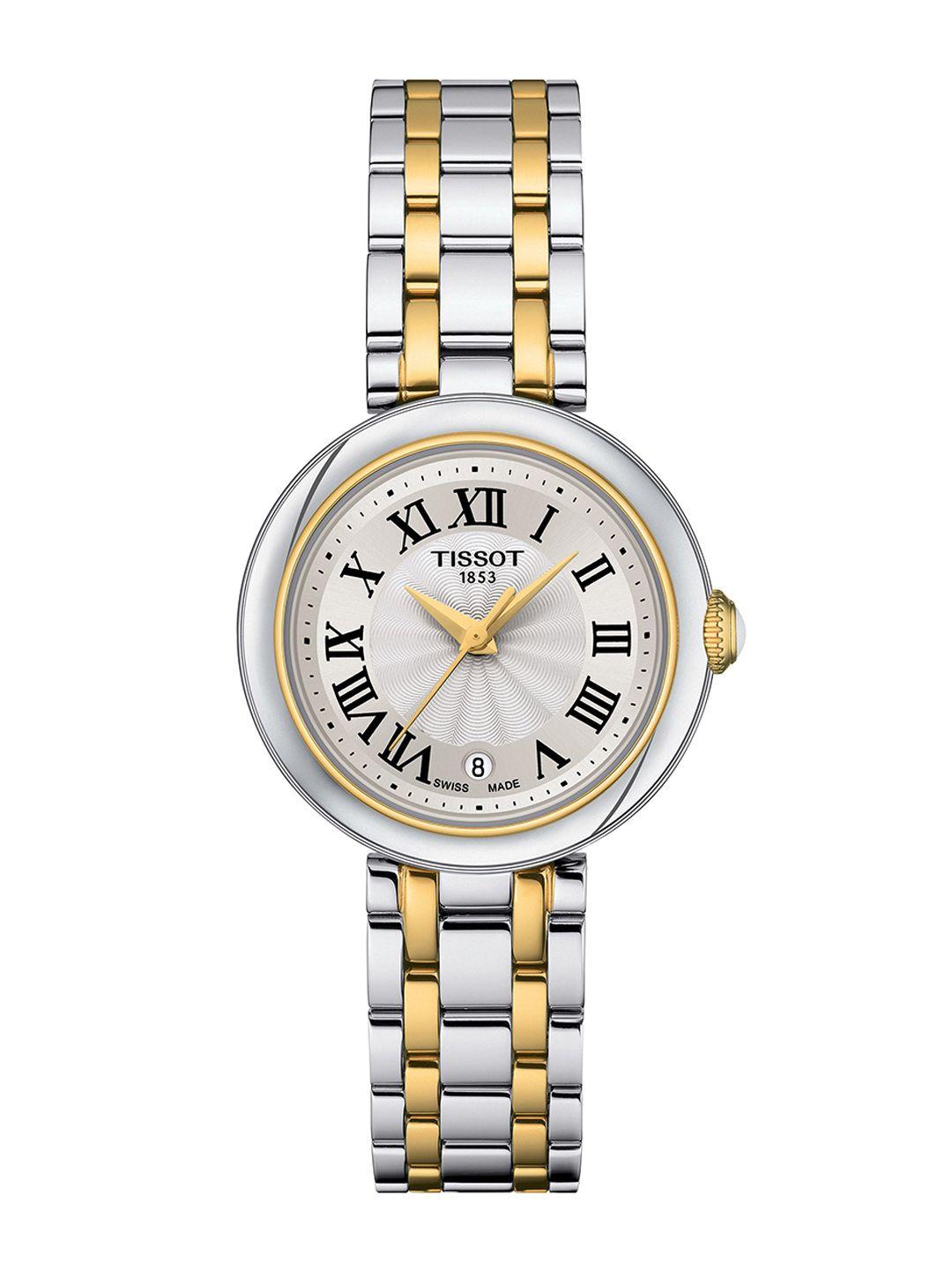 tissot women white embellished dial & silver toned stainless steel straps analogue watch