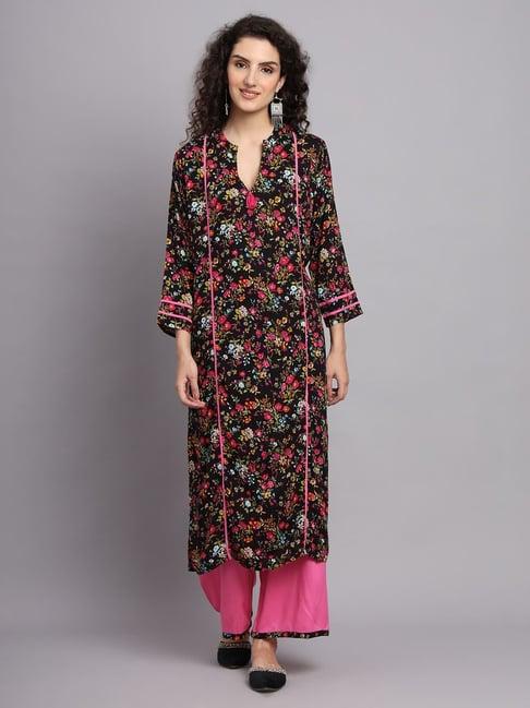 tissu black & pink floral print kurta palazzo set