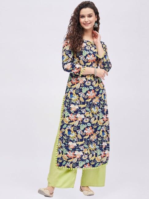 tissu blue & green floral print kurta palazzo set