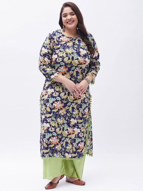 tissu blue & green floral print kurta palazzo set