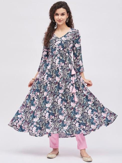 tissu blue floral print angrakha kurta