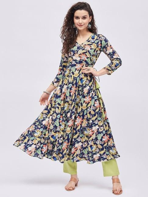 tissu blue floral print angrakha kurta