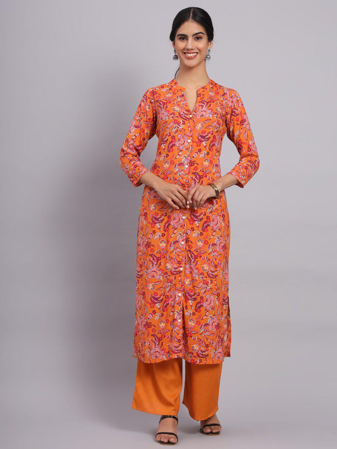 tissu floral printed mandarin collar straight kurta with palazzos