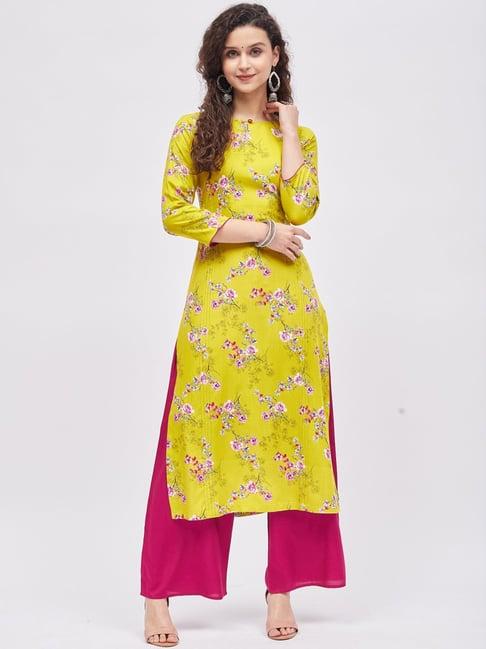 tissu green & pink floral print kurta palazzo set