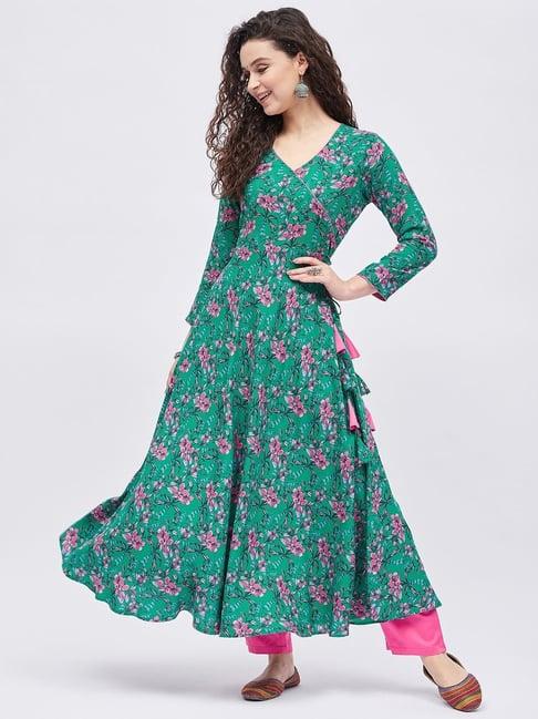 tissu green floral print anarkali kurta