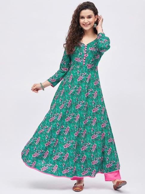 tissu green floral print anarkali kurta