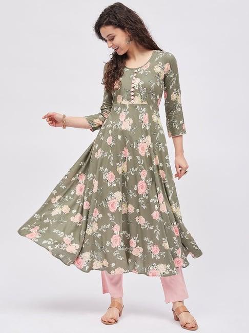 tissu green floral print anarkali kurta