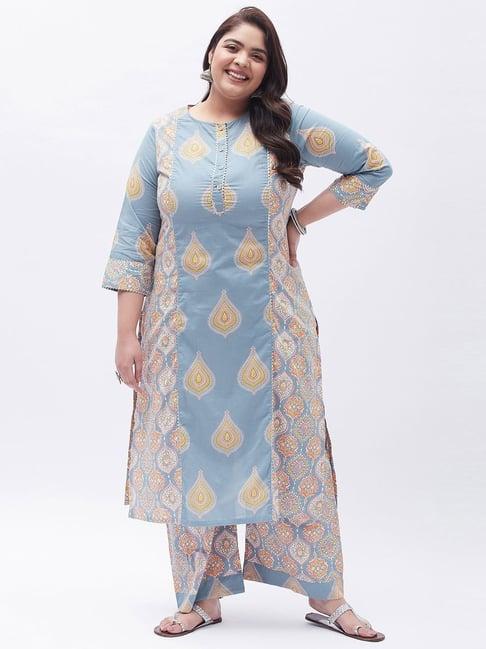 tissu grey cotton printed kurta palazzo set