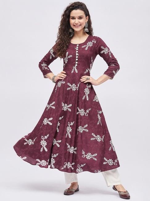 tissu maroon floral print anarkali kurta