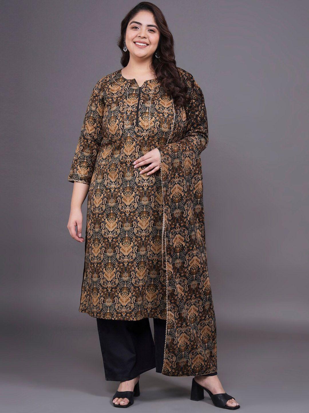 tissu plus size ethnic motif printed pure cotton straight kurta with palazzos & dupatta