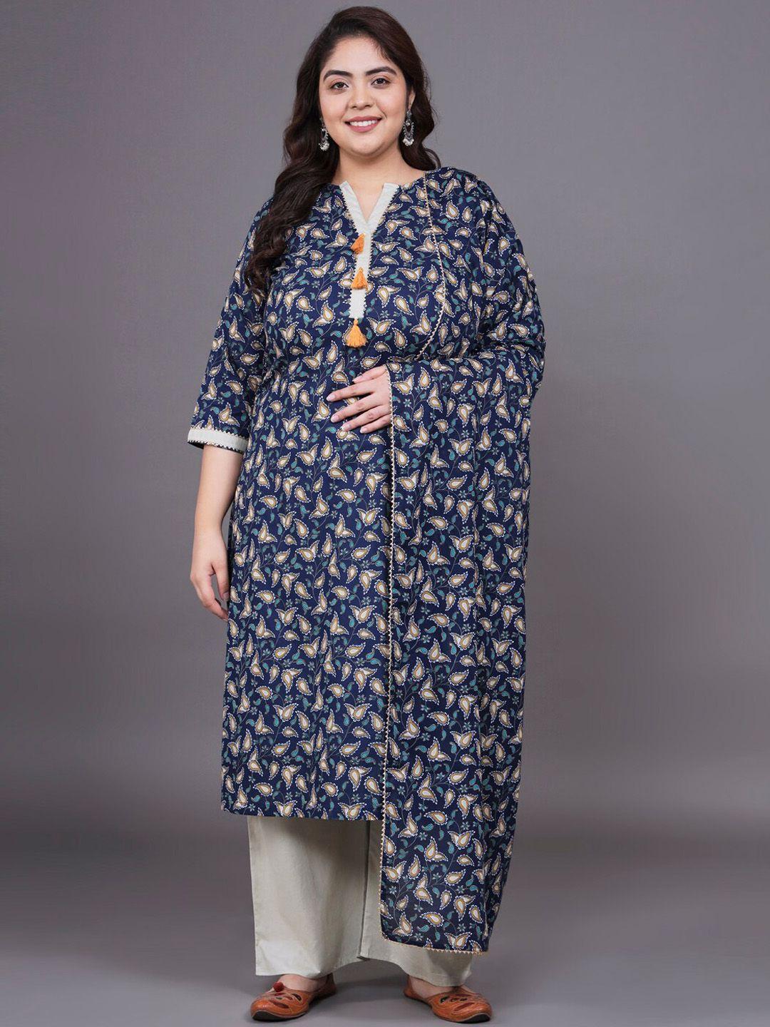 tissu plus size ethnic motif printed pure cotton straight kurta with palazzos & dupatta