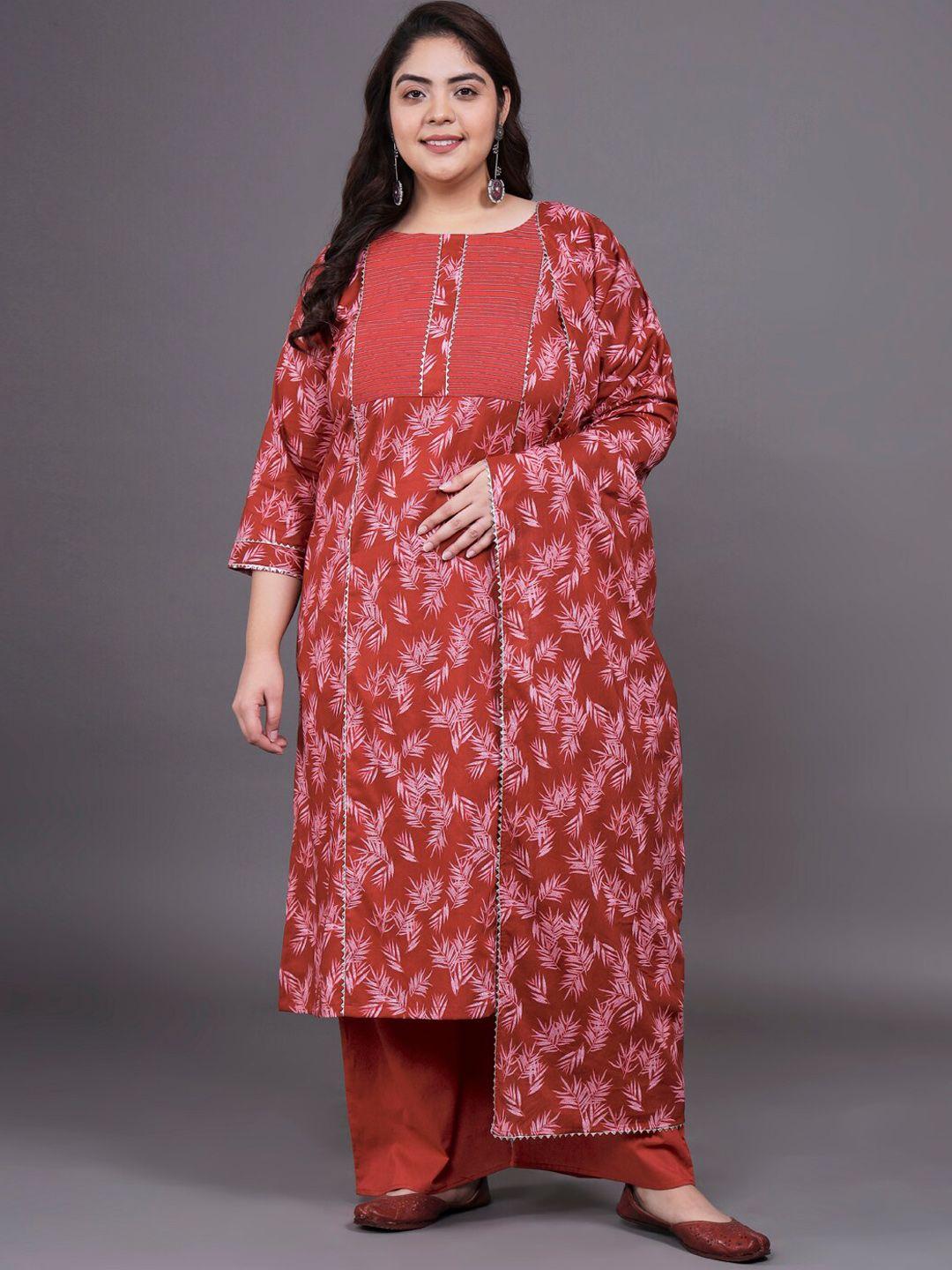 tissu plus size floral printed pure cotton straight kurta with palazzos & dupatta