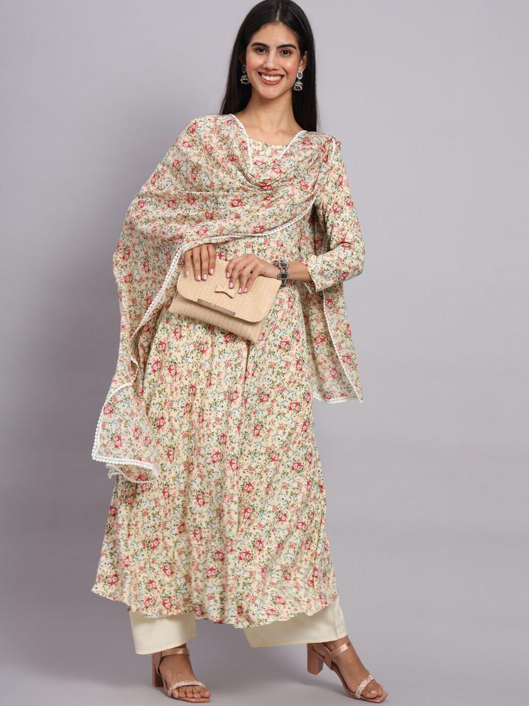 tissu women cream-coloured floral printed empire kurta with palazzos & with dupatta