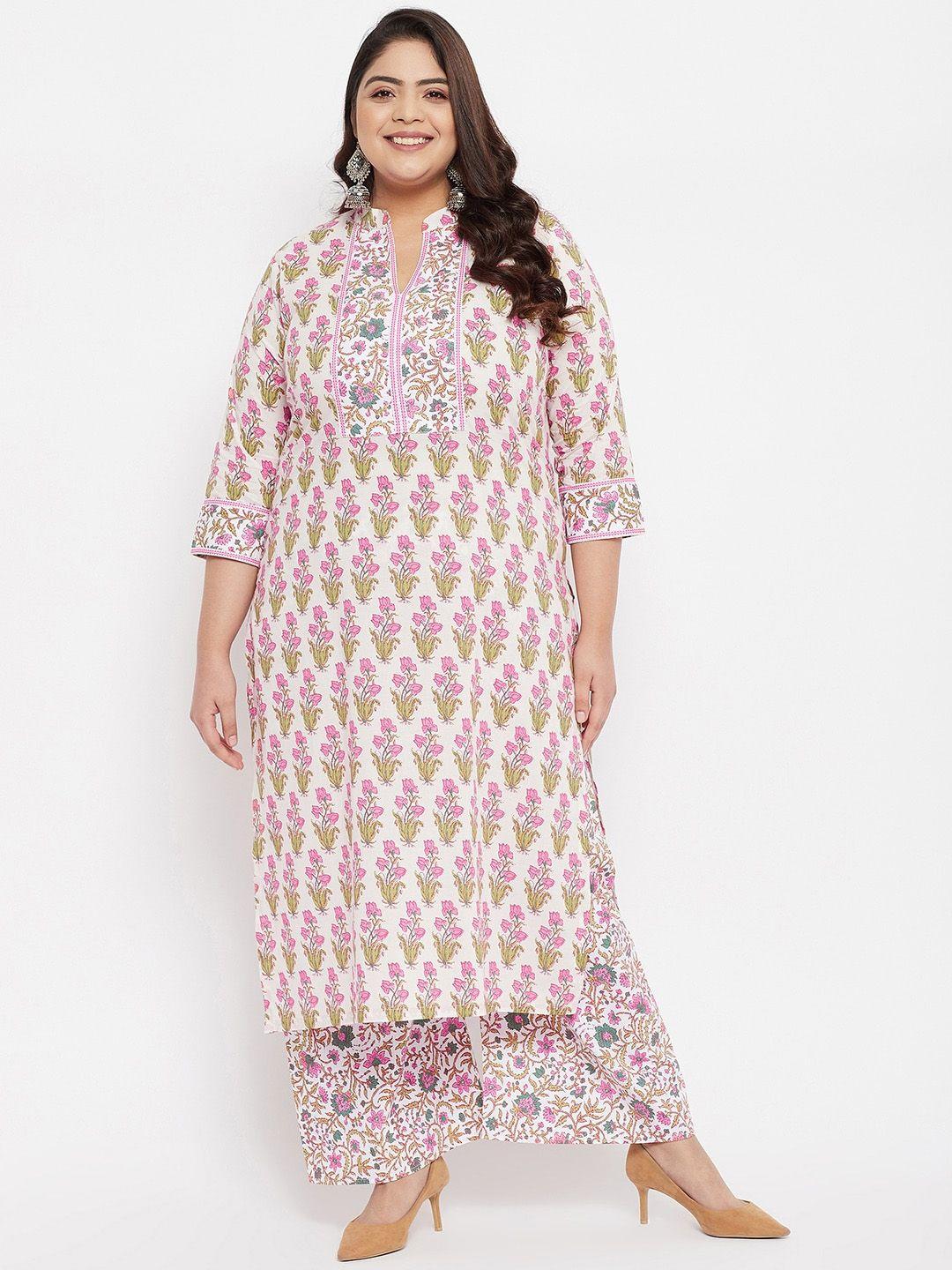 tissu women cream-coloured floral printed pure cotton kurti with palazzos