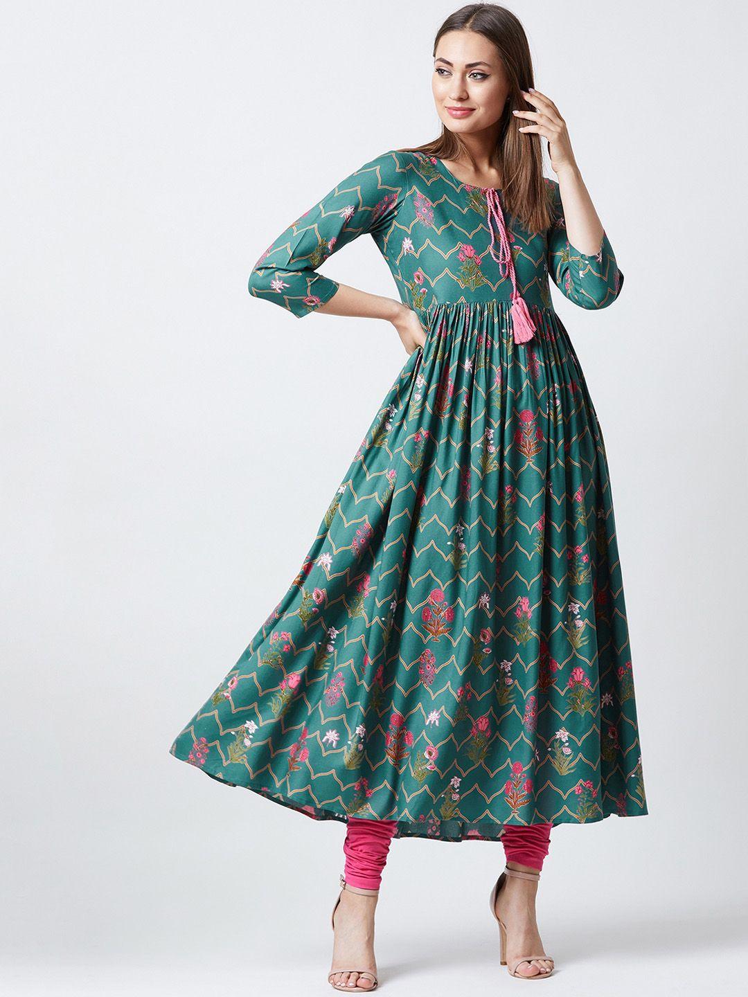 tissu women green & pink printed a-line kurta