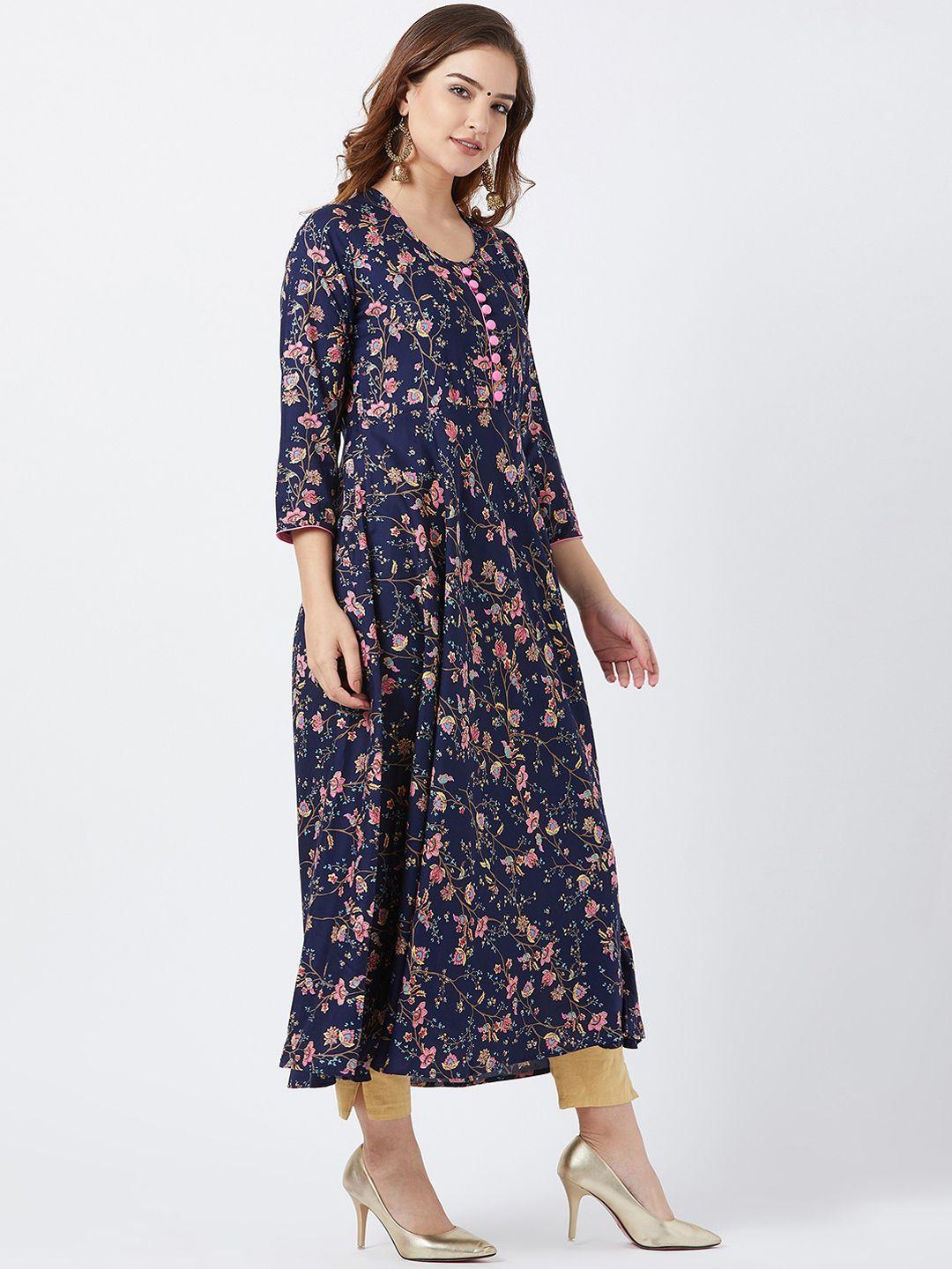 tissu women navy blue floral printed a-line kurta