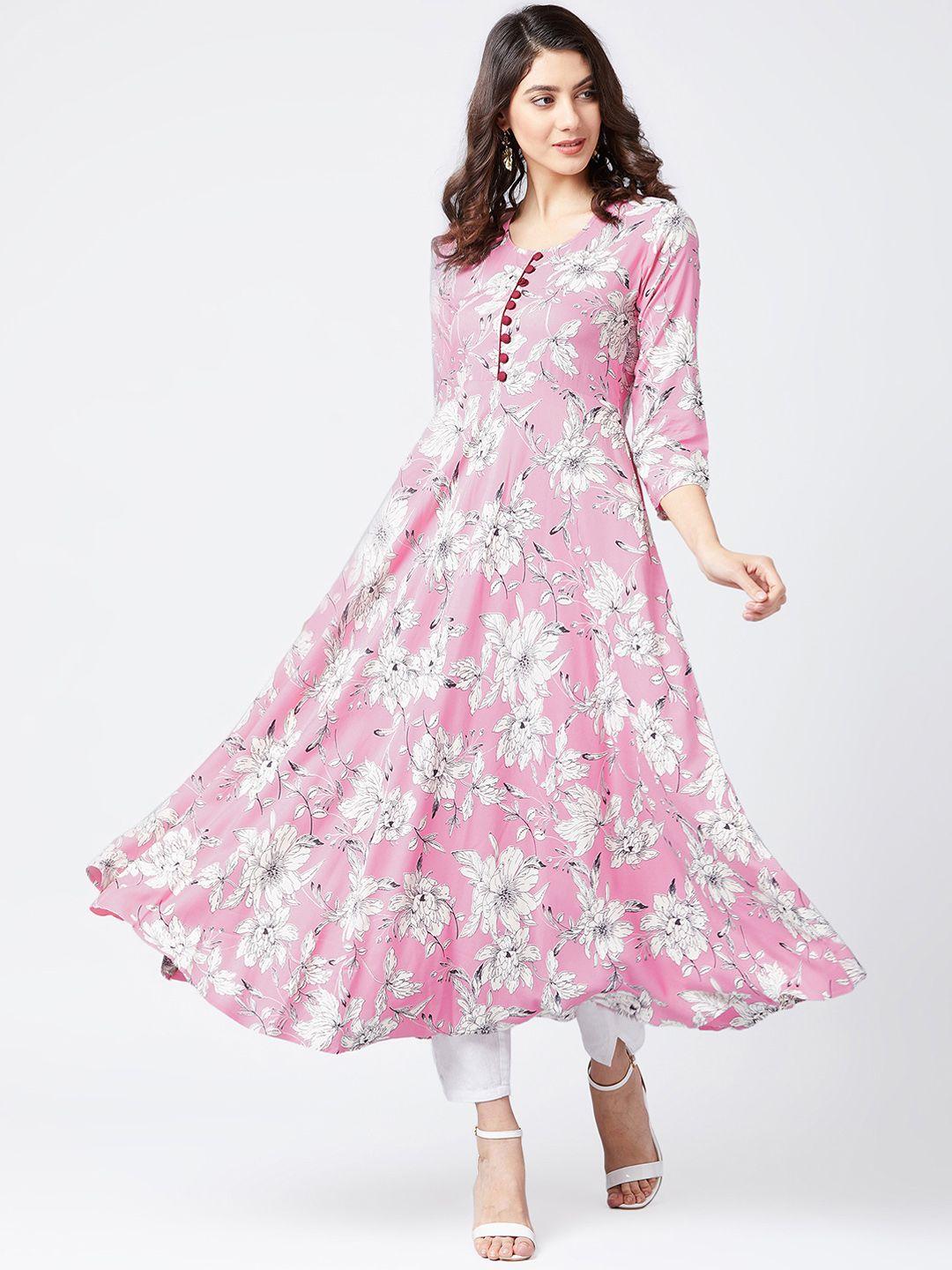 tissu women pink & off-white floral print anarkali kurta