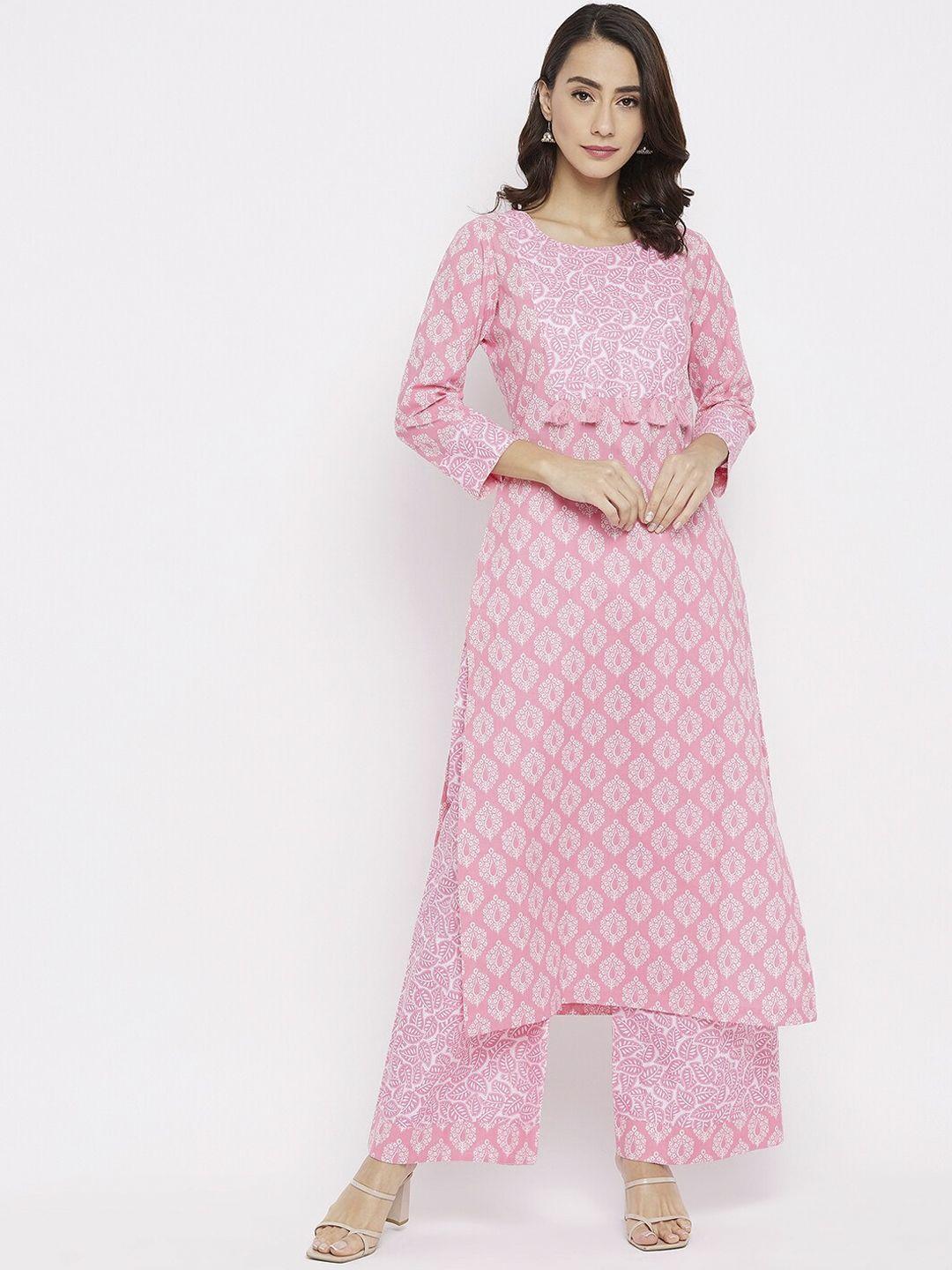 tissu women pink ethnic motifs printed pure cotton kurta with palazzos