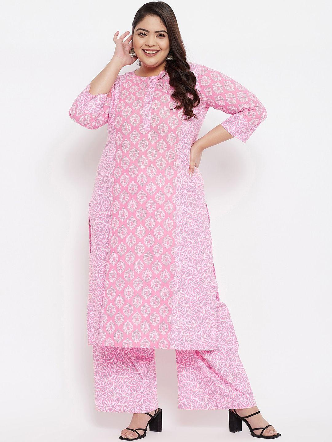 tissu women pink ethnic motifs printed pure cotton kurta with palazzos