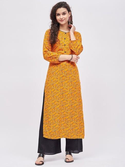 tissu yellow & black floral print kurta palazzo set