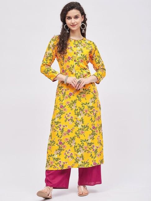 tissu yellow & pink floral print kurta palazzo set