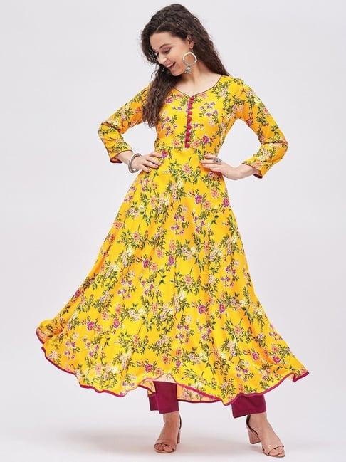 tissu yellow floral print anarkali kurta