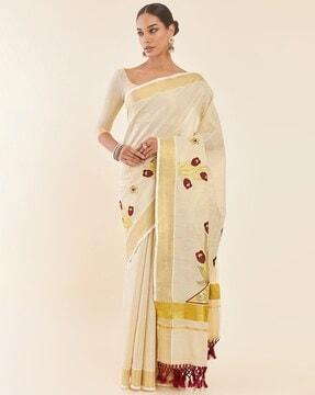 tissue kasavu saree with floral embroidered designs & zari border