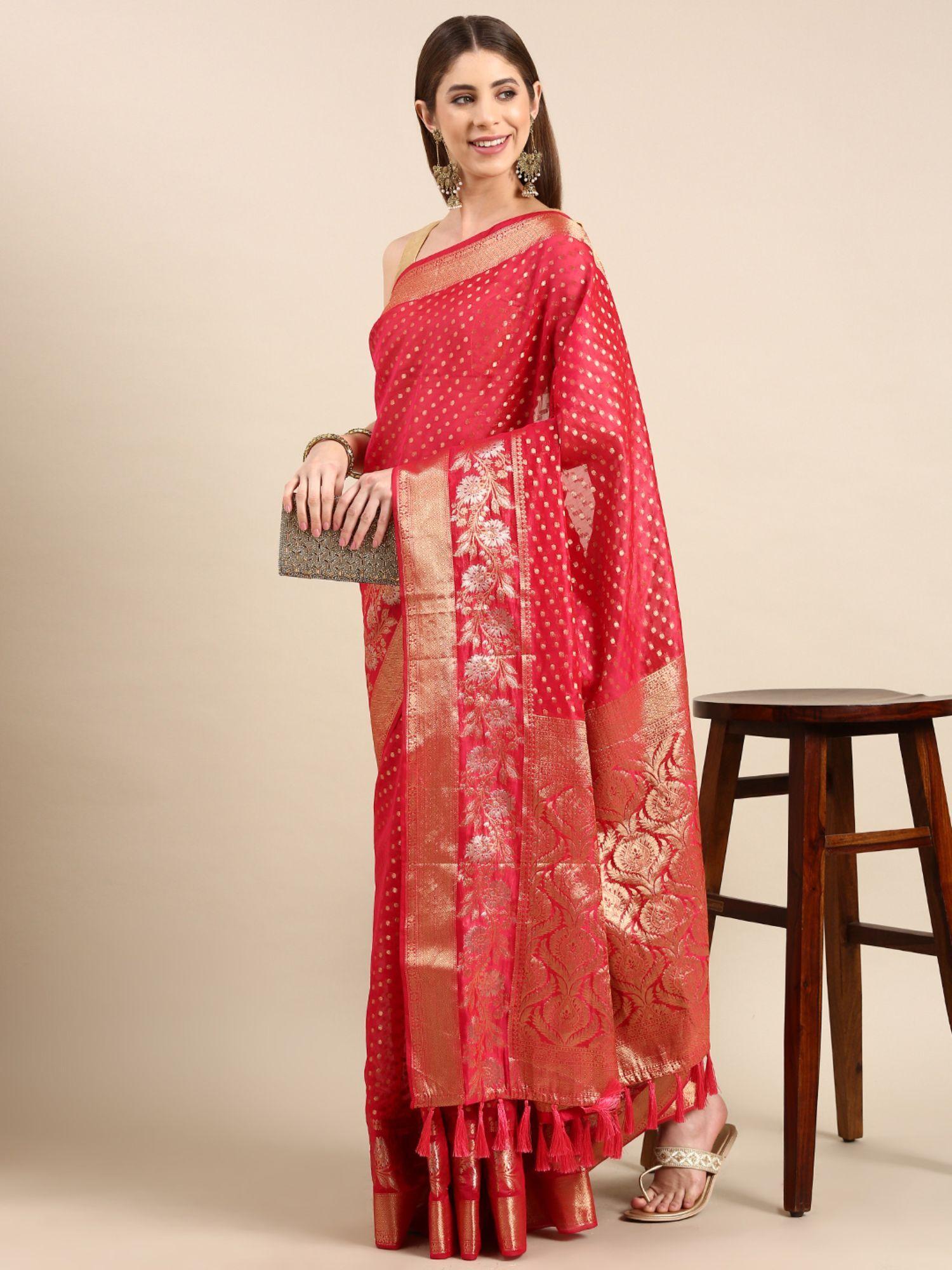 tissue zari polka dot embroidered woven design banarasi saree with unstitched blouse