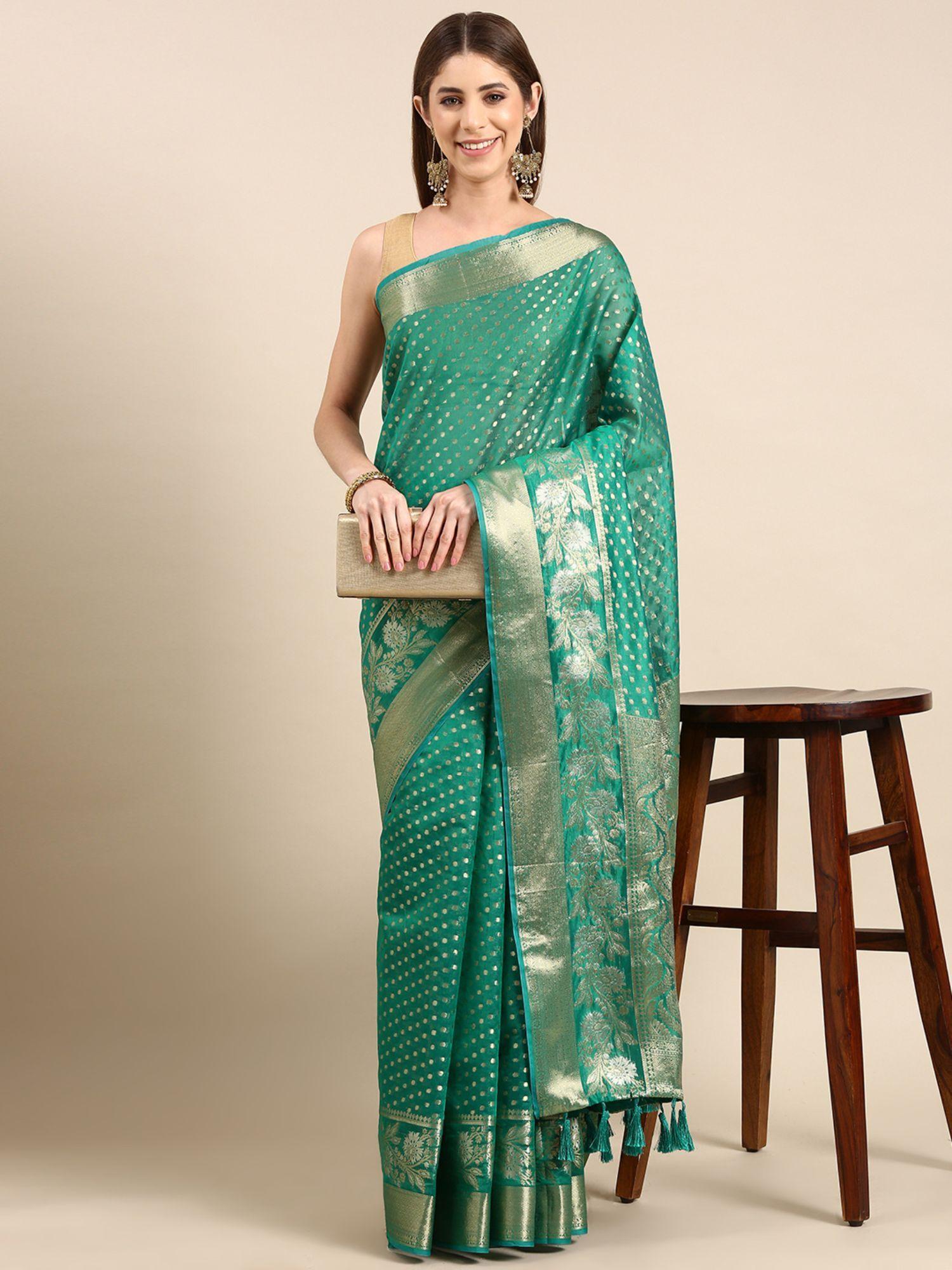 tissue zari polka dot embroidered woven design banarasi saree with unstitched blouse