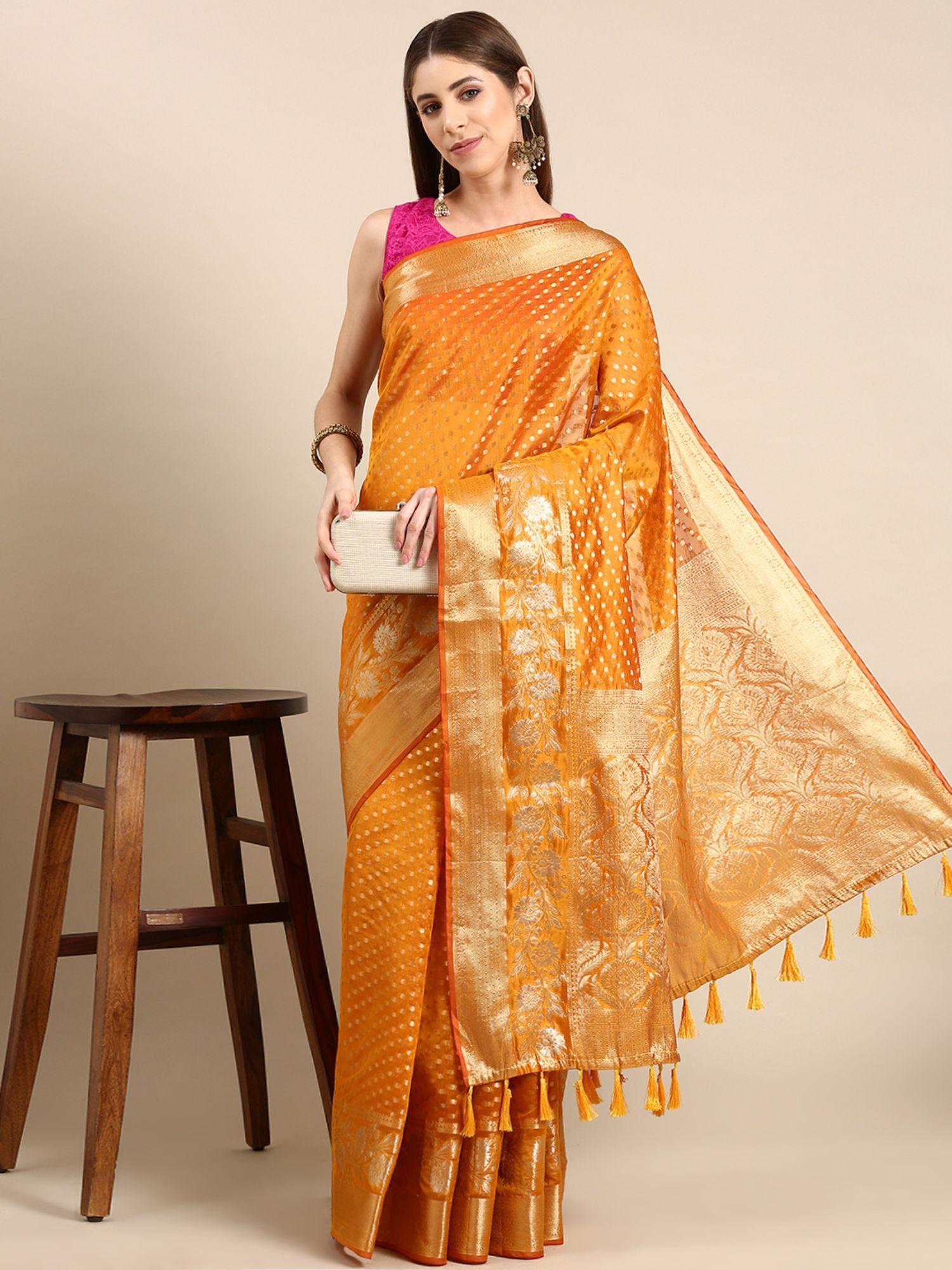 tissue zari polka dot embroidered woven design banarasi saree with unstitched blouse